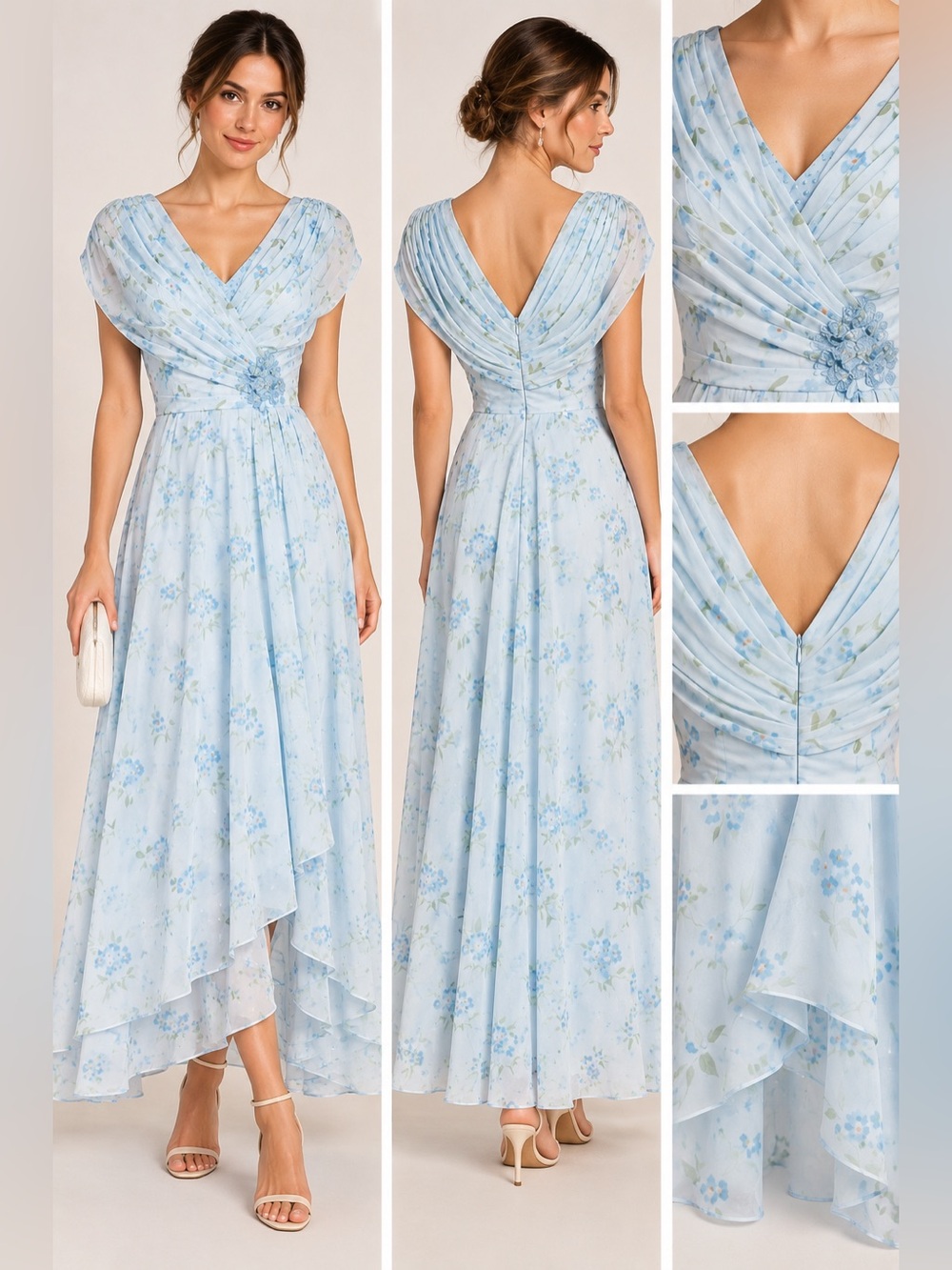 Light Blue Floral Chiffon V Neck Ankle Length Dress Size 10